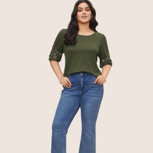 BloomChic Plus Size XL Floral Embroidered Crew Neck Puff Sleeve T-shirt us14-16 - Picture 4 of 5